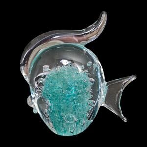 Murano Style Art Glass Fish Sculpture Aqua Controlled Bubble Paperweight